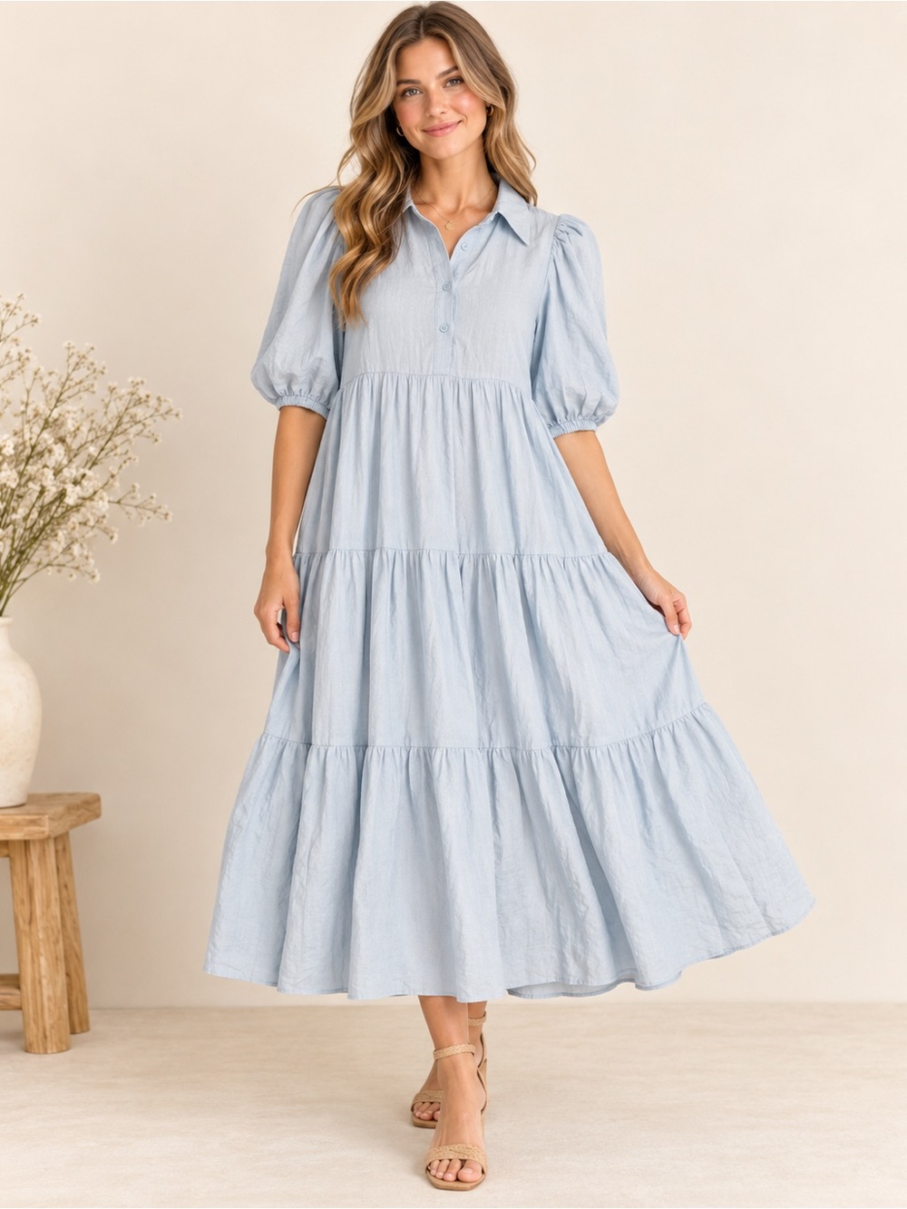 Shop the Mint Love Found Blue Linen Blend Tiered Midi Dress L Puff Sleeve